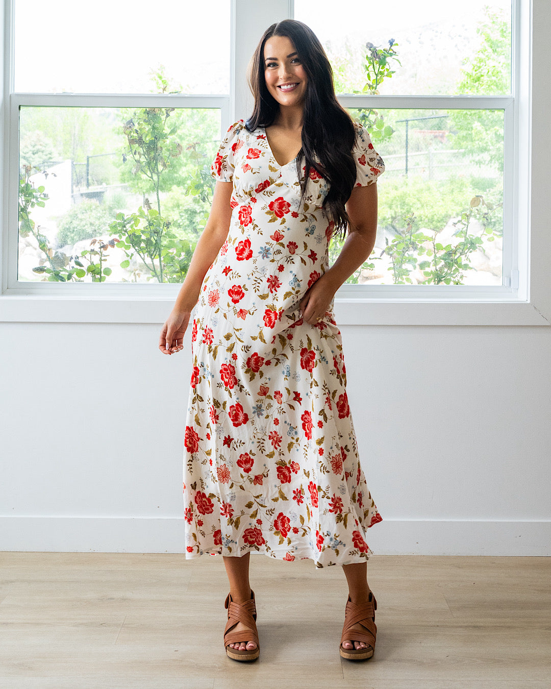red floral v neck dress Red Floral Print Frilled V Neck Short Sleeve Ruffle Maxi Dress Red / S / 55%Cotton+45%Viscose