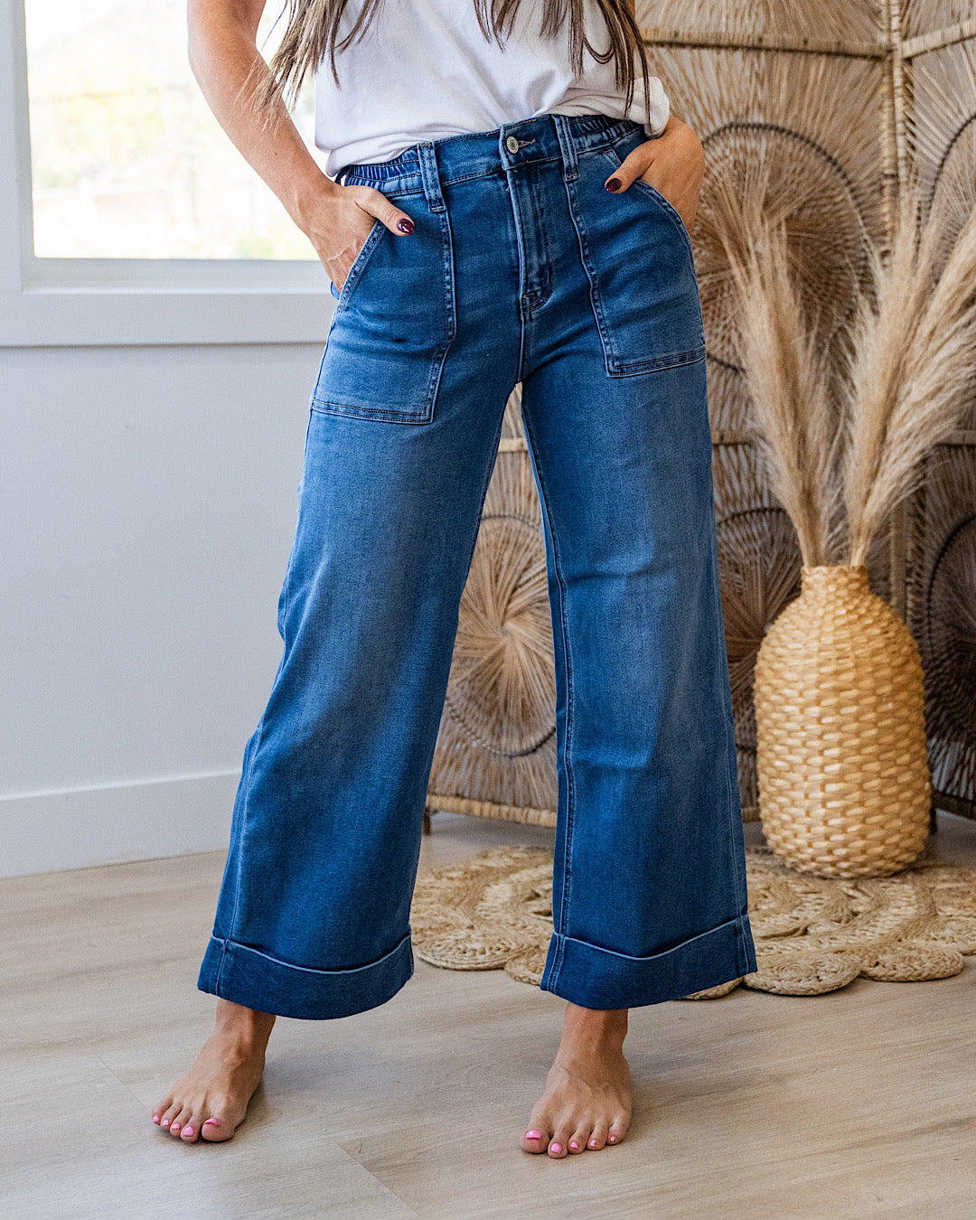 Vervet Maggie Roll Hem Elastic Waist Wide Leg Jeans