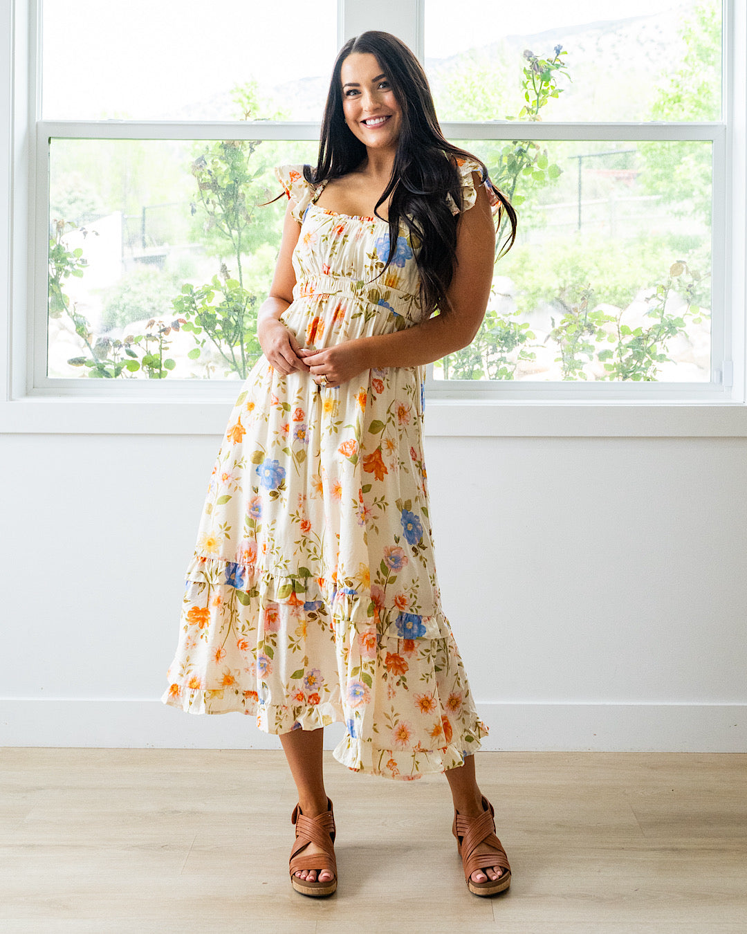 flutter sleeve midi dress Mine - NEW! Selena Floral Flutter Sleeve Midi Dress