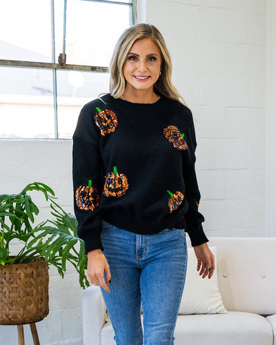 Sequin Jack-O-Lantern Black Sweater FINAL SALE  Jady K   