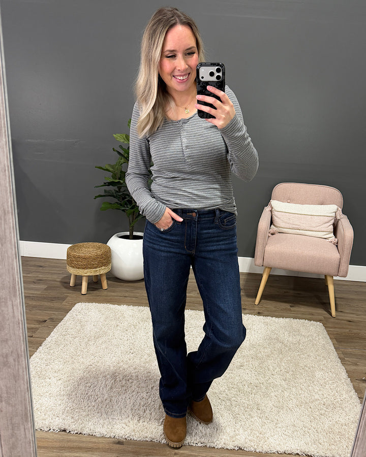 NEW! Dawn Striped Henley Long Sleeve Top - Charcoal Michelle Mae