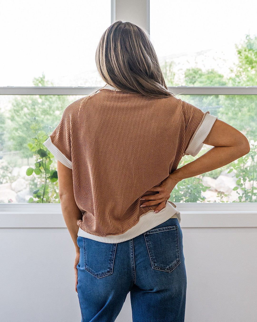 NEW! Harmony Gingham Color Block Corded Top - Taupe