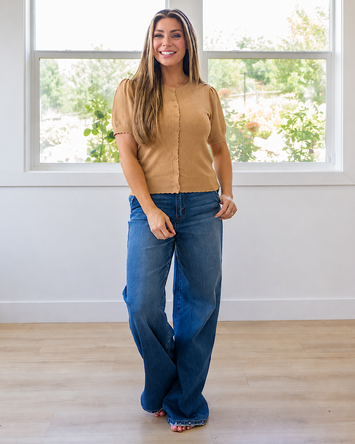 NEW! Brooke Pointelle Short Sleeve Cardigan - Latte