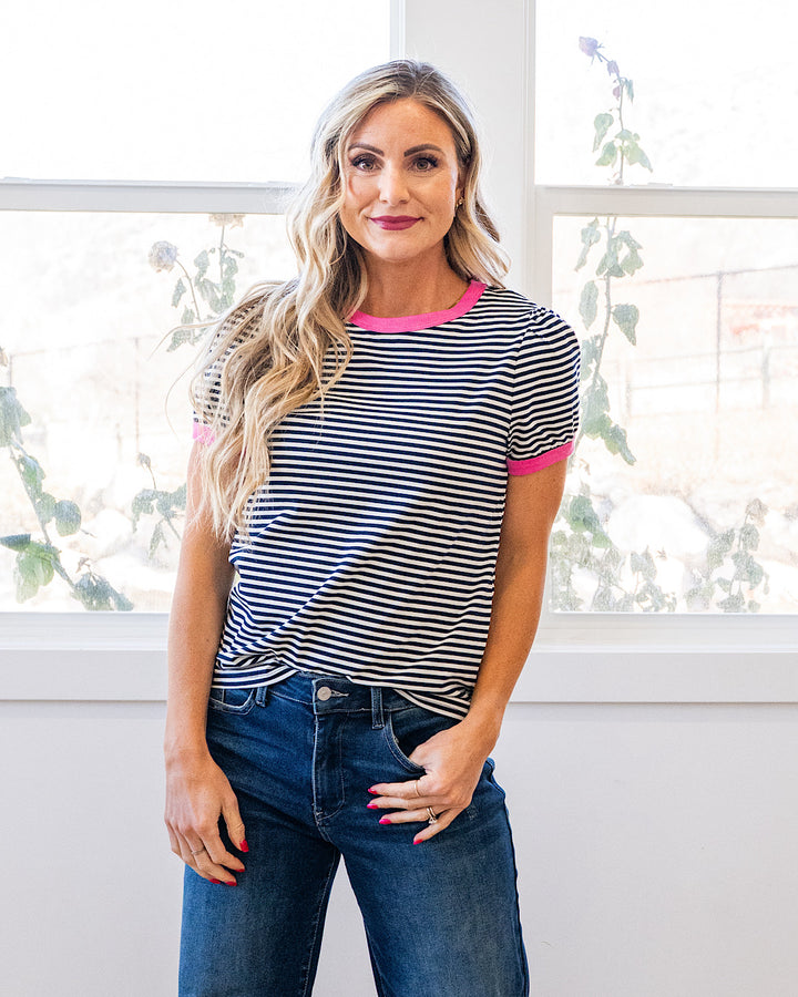 Mandy Puff Sleeve Striped Top - Color Options Available! Staccato Pink Navy
