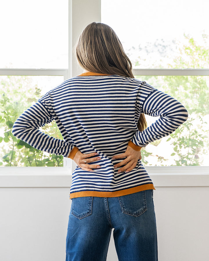 NEW! Kathryn Navy Striped Side Slit Sweater - Camel