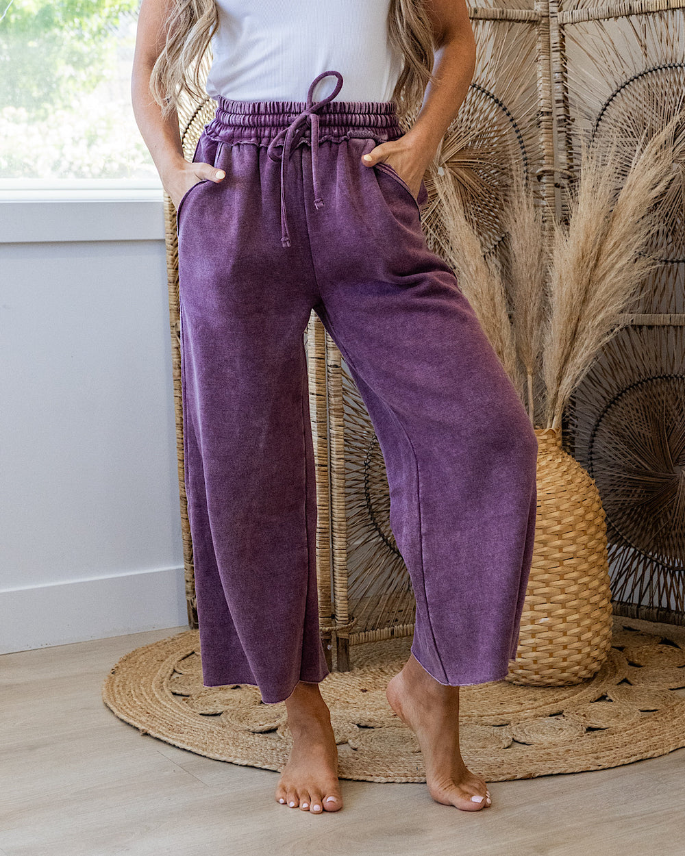 NEW! Cropped Wide Leg Comfy Pants - Eggplant Zenana