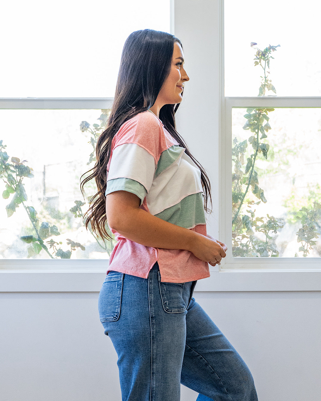 NEW! Savannah Color Block Top - Coral & Sage