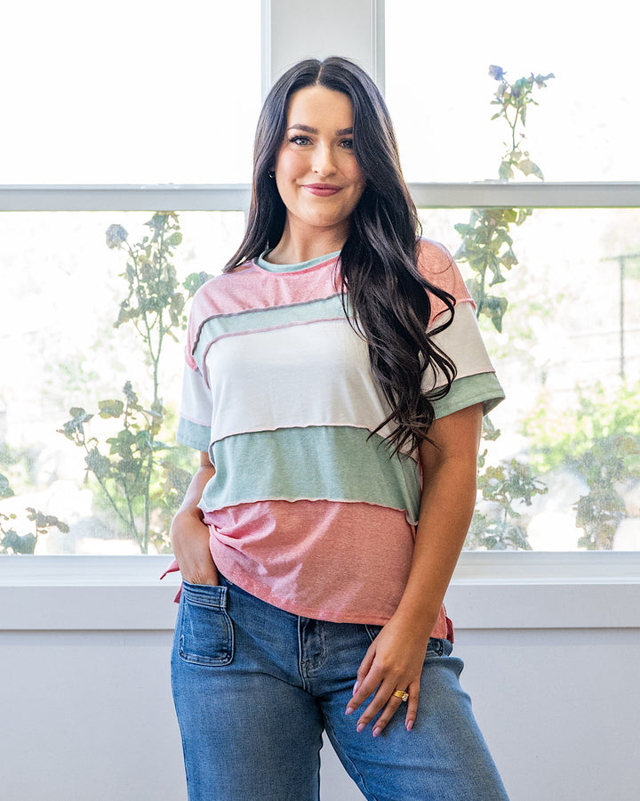 NEW! Savannah Color Block Top - Coral & Sage
