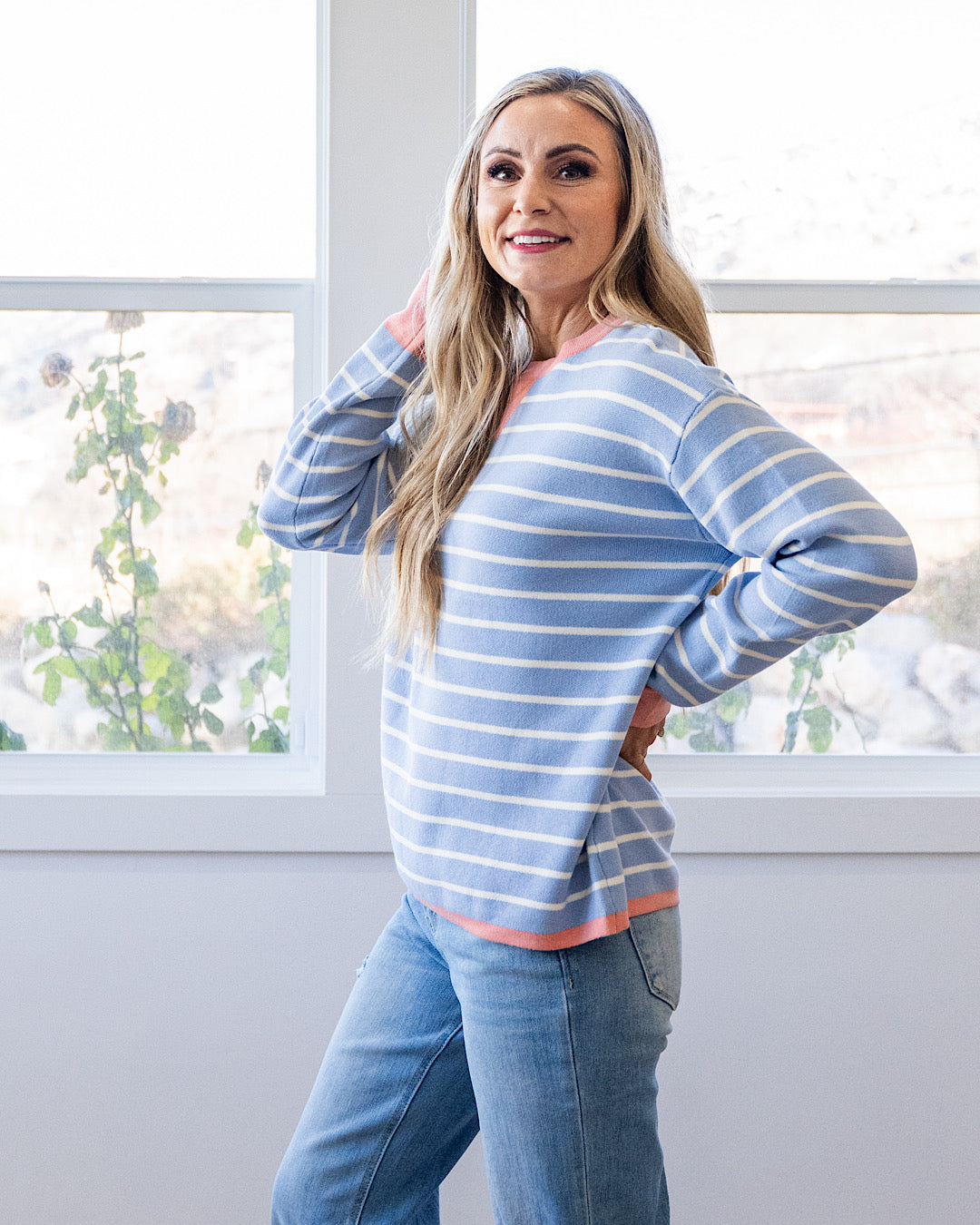 NEW! Charlotte Contrast Striped Sweater - Light Blue