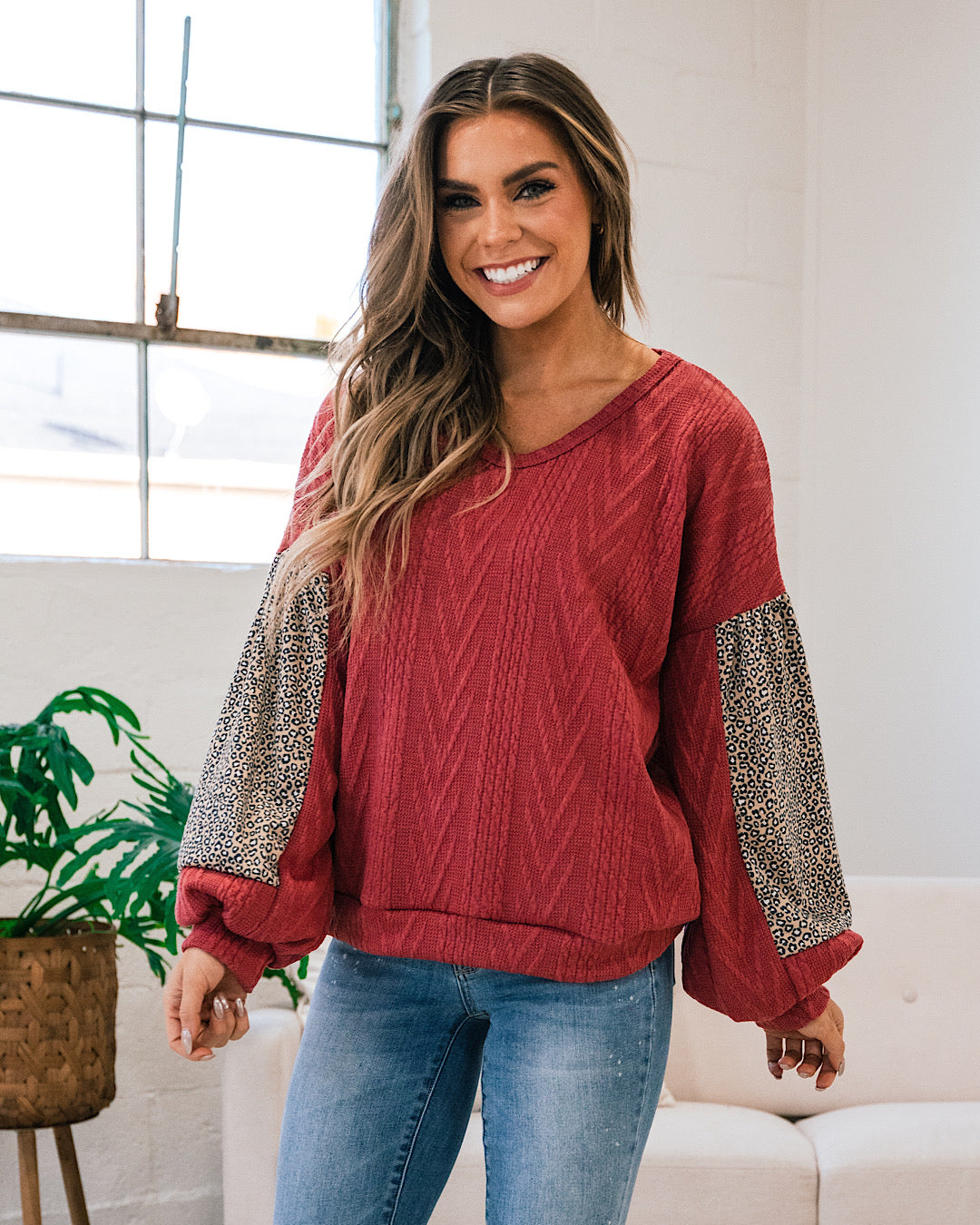 Esme Rose Cable Knit Top with Leopard Sleeves  Lovely Melody   