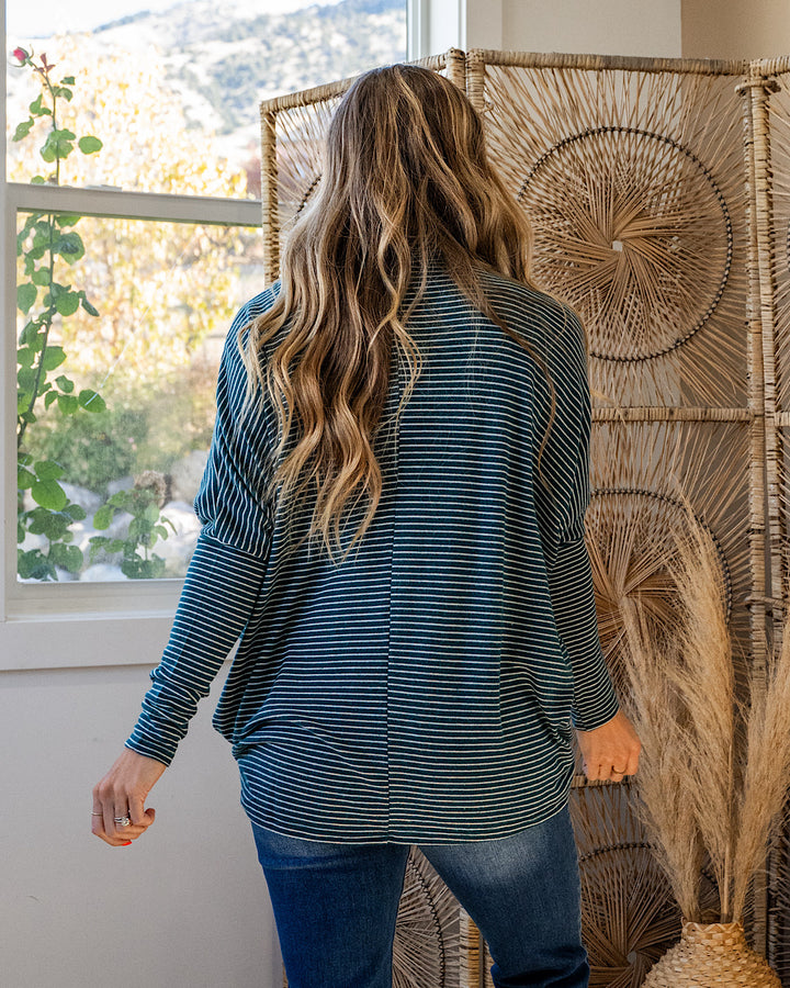 NEW! Here I Am Striped Dolman Sleeve Turtle Neck - Deep Green & Cream Double Zero