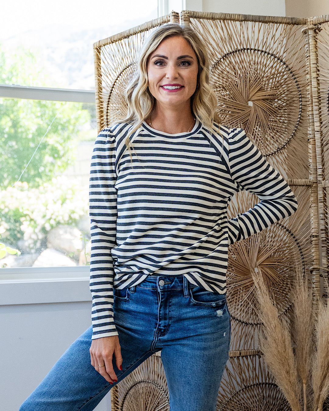 Alexa Striped Pleated Shoulder Top - Color Options Available! Staccato Charcoal