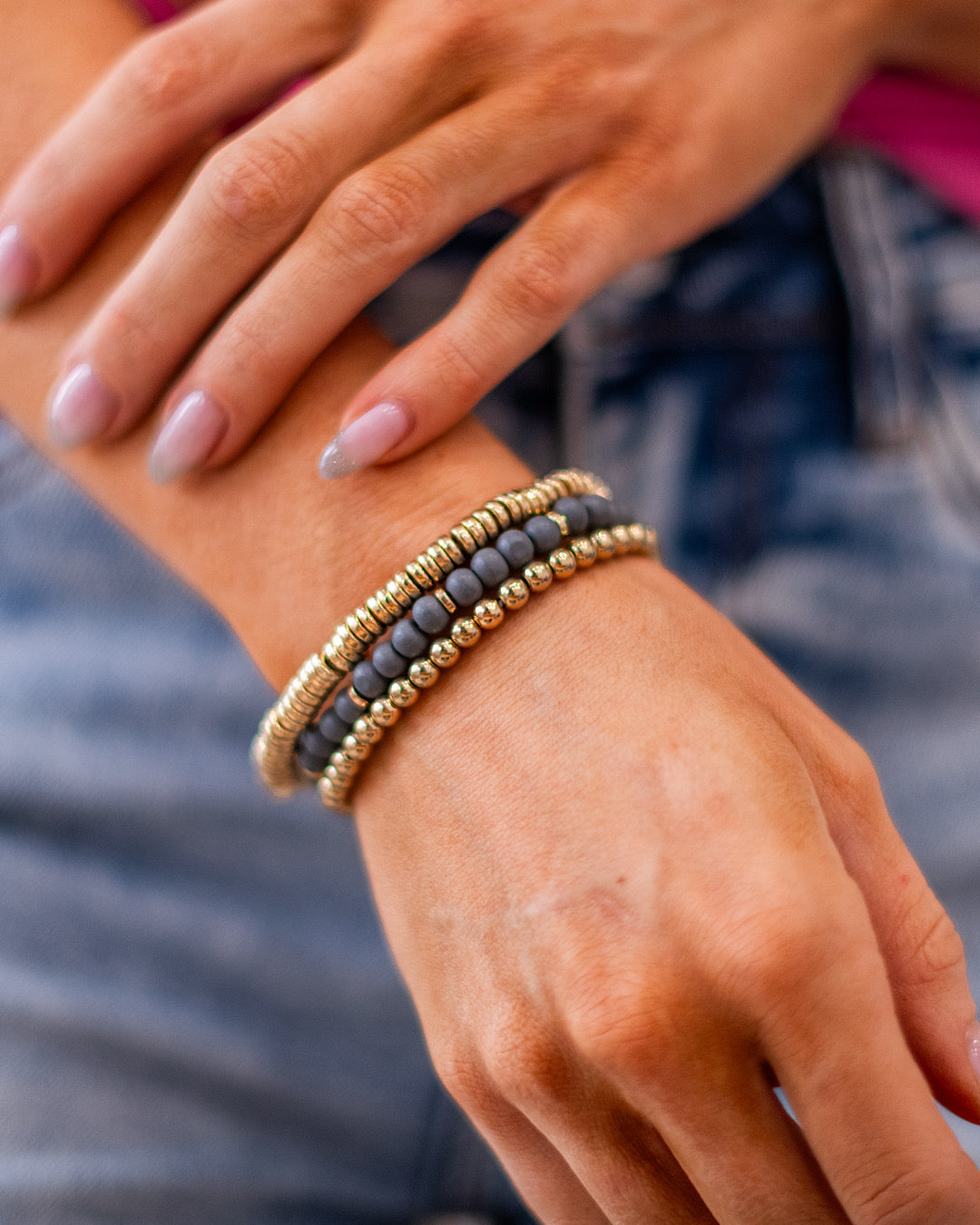 NEW! Wooden Dark Gray and Metallic Gold Bracelet Set Trendy Wholesale