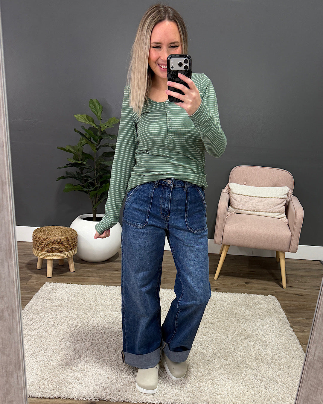 NEW! Dawn Striped Henley Long Sleeve Top - Fern Michelle Mae