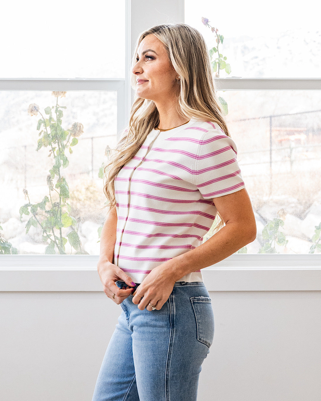 NEW! Courtney Striped Short Sleeve Cardigan - Pink Be Cool