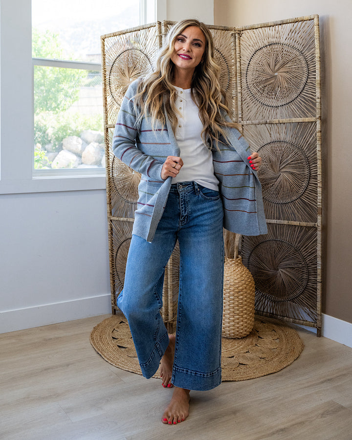 NEW! Debbie Striped Open Front Cardigan - Heather Gray Be Cool