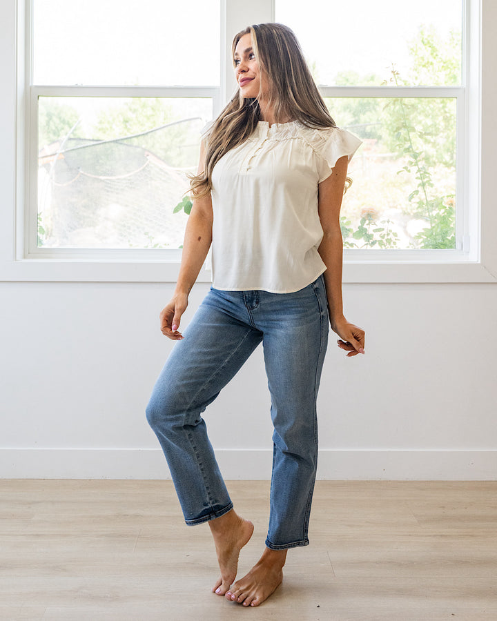 NEW! Raya Ruffled Henley Blouse - Ivory