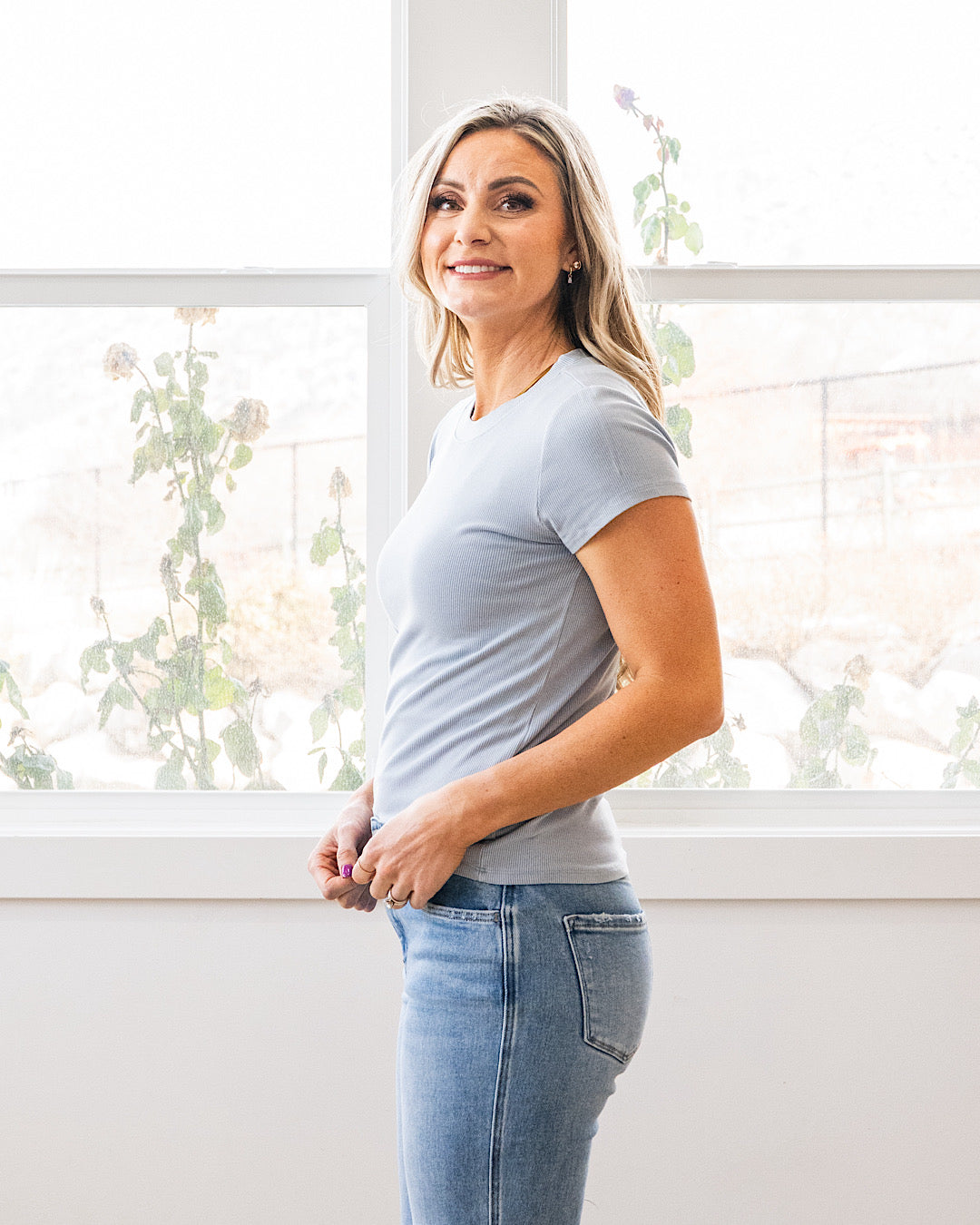 Cassidy Short Sleeve Ribbed Top - Ice Blue Be Cool