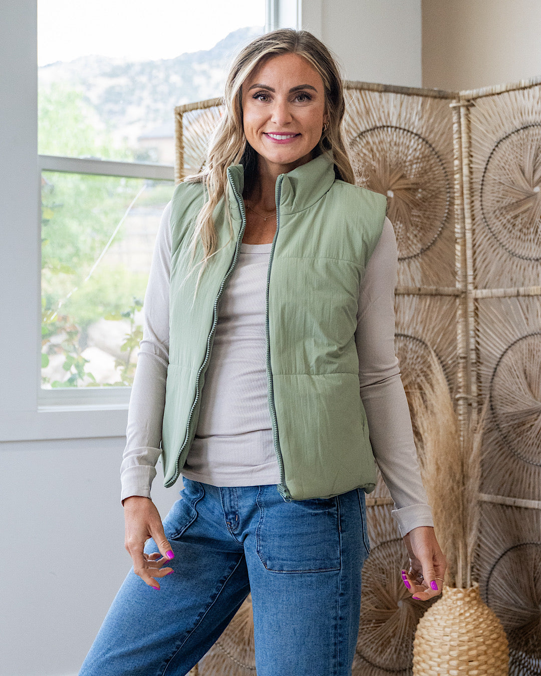 NEW! Corduroy Reversible Puffer Vest - Sage Staccato