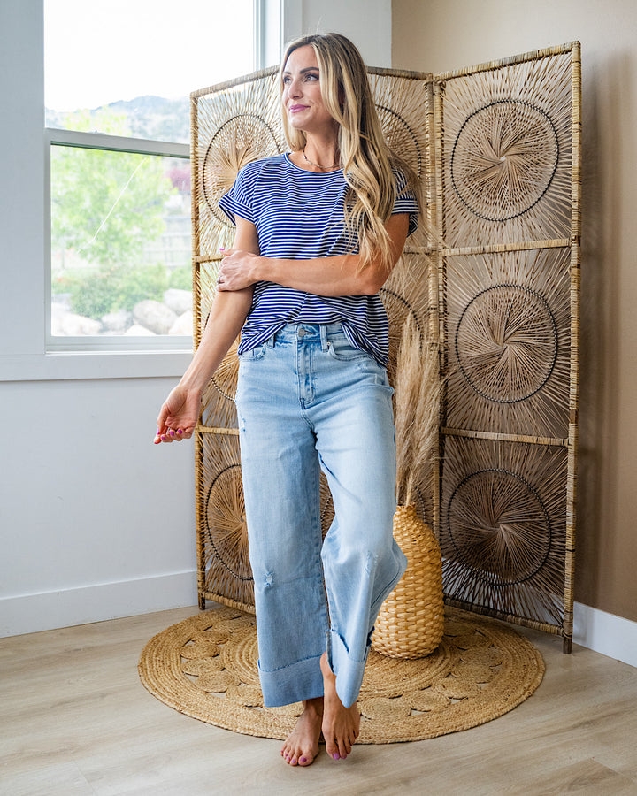 NEW! Callie Striped Twist Keyhole Top - Navy Staccato