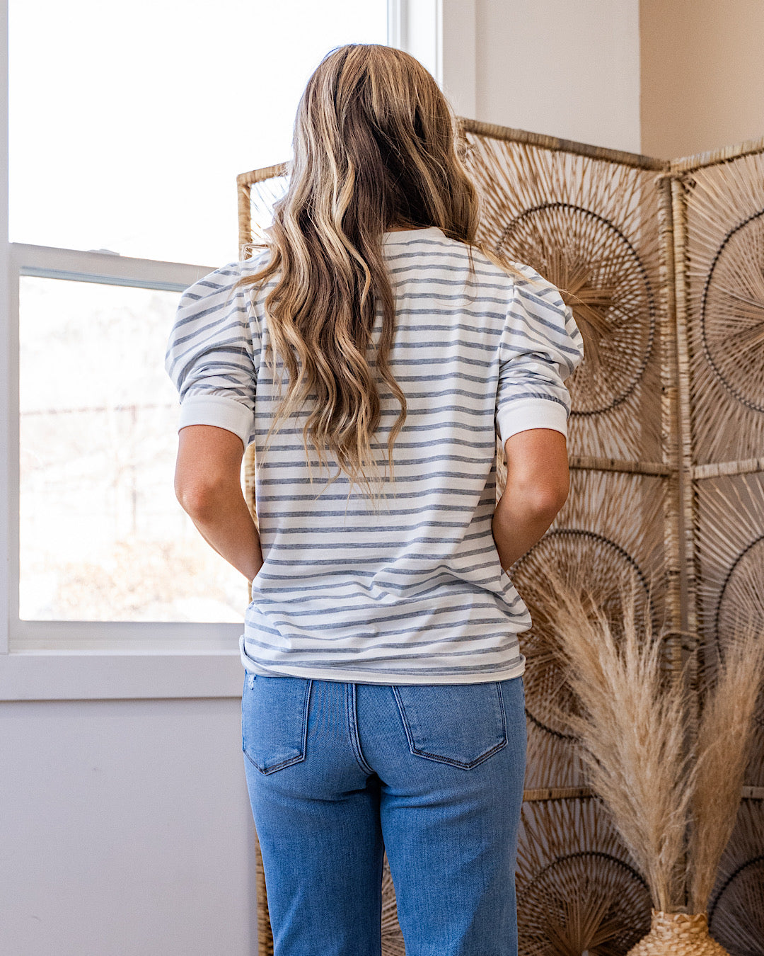 Hillary Striped Puff Sleeve Top - Heather Gray Lovely Melody