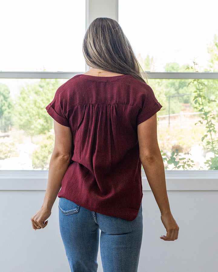 NEW! Denise Rolled Cuff Button Up Top - Burgundy