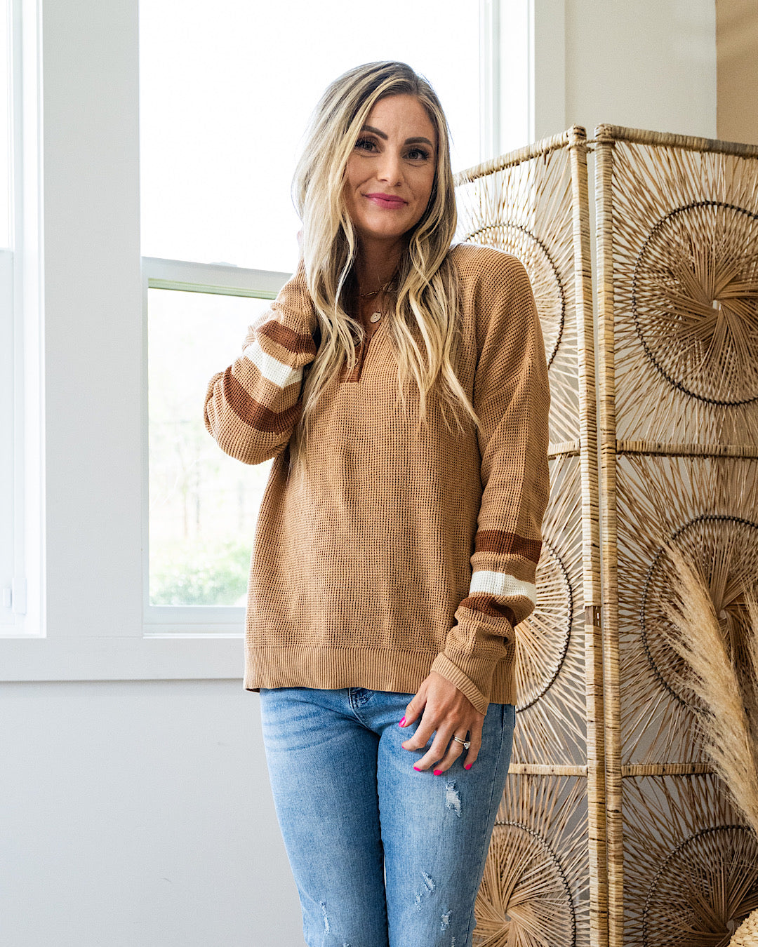 Demi Waffle Knit Henley Sweater - Mocha  Be Cool   