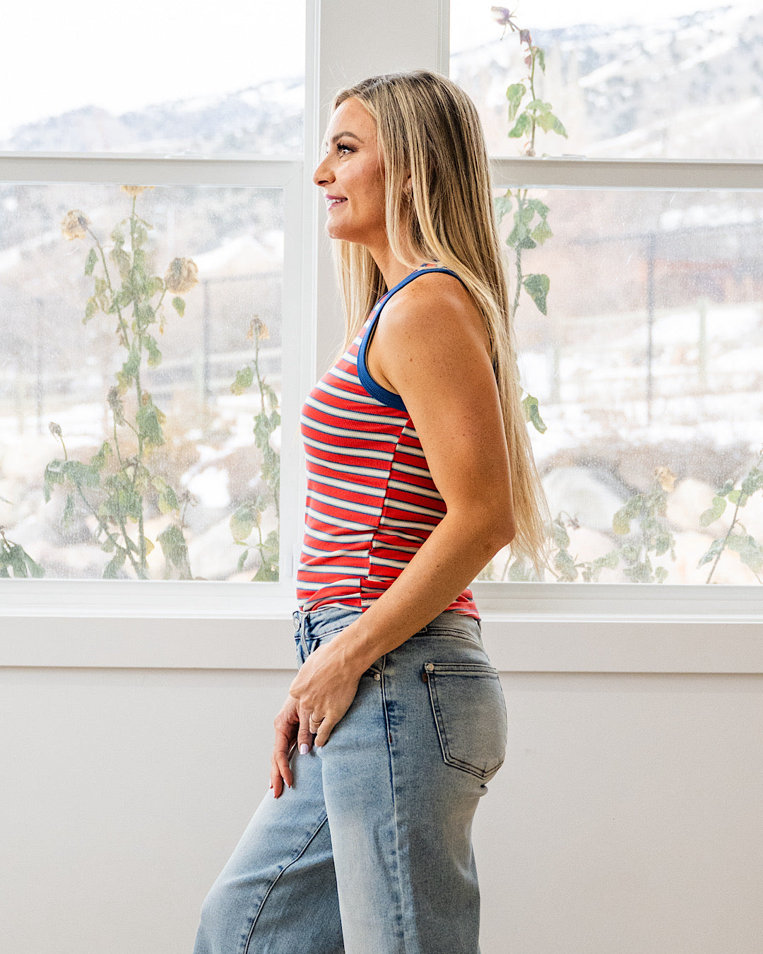 NEW! Esme Ribbed Contrast Striped Tank Top - Coral & Blue Wishlist