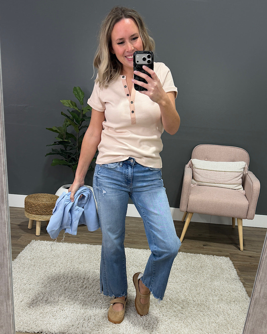 NEW! Amara Ribbed Knit V Neck Henley Top - Sky Blue Staccato