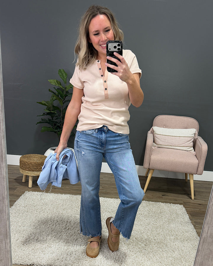 NEW! Amara Ribbed Knit V Neck Henley Top - Sky Blue Staccato