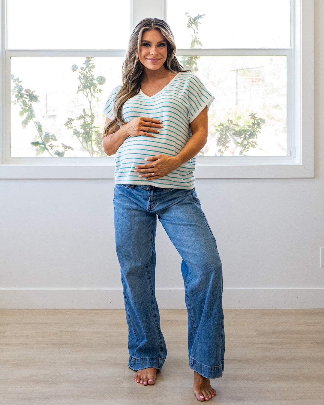 Candice Striped V Neck Sweater Top - Ivory & Green
