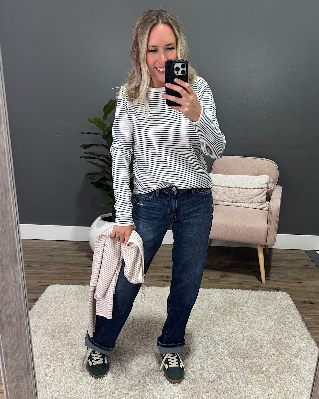 NEW! Emma Pinstriped Sweater - Ivory & Teal Staccato