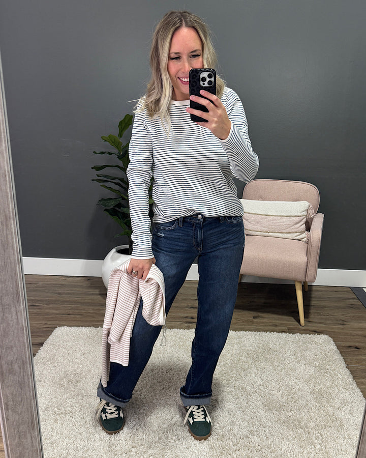 NEW! Emma Pinstriped Sweater - Ivory & Teal Staccato