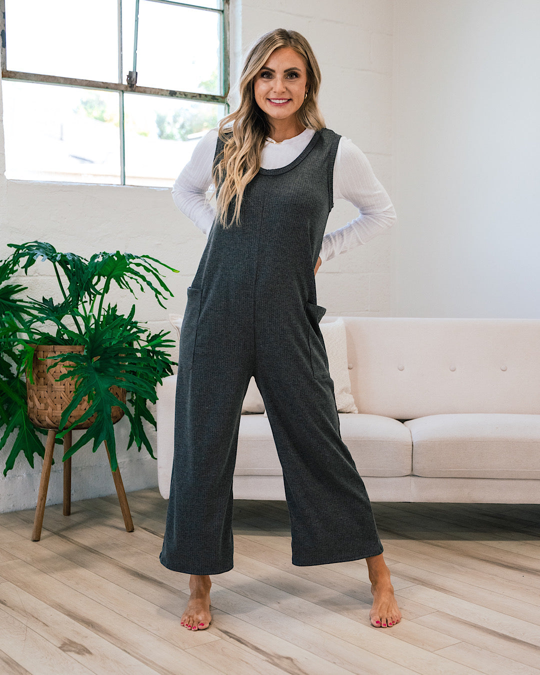 Charcoal Ribbed Jumpsuit  Lovely Melody   