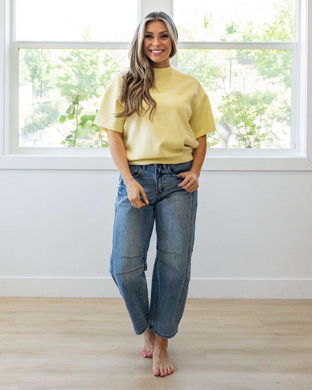 NEW! Macey Scuba Fabric Striped Top - Lemon & Cream