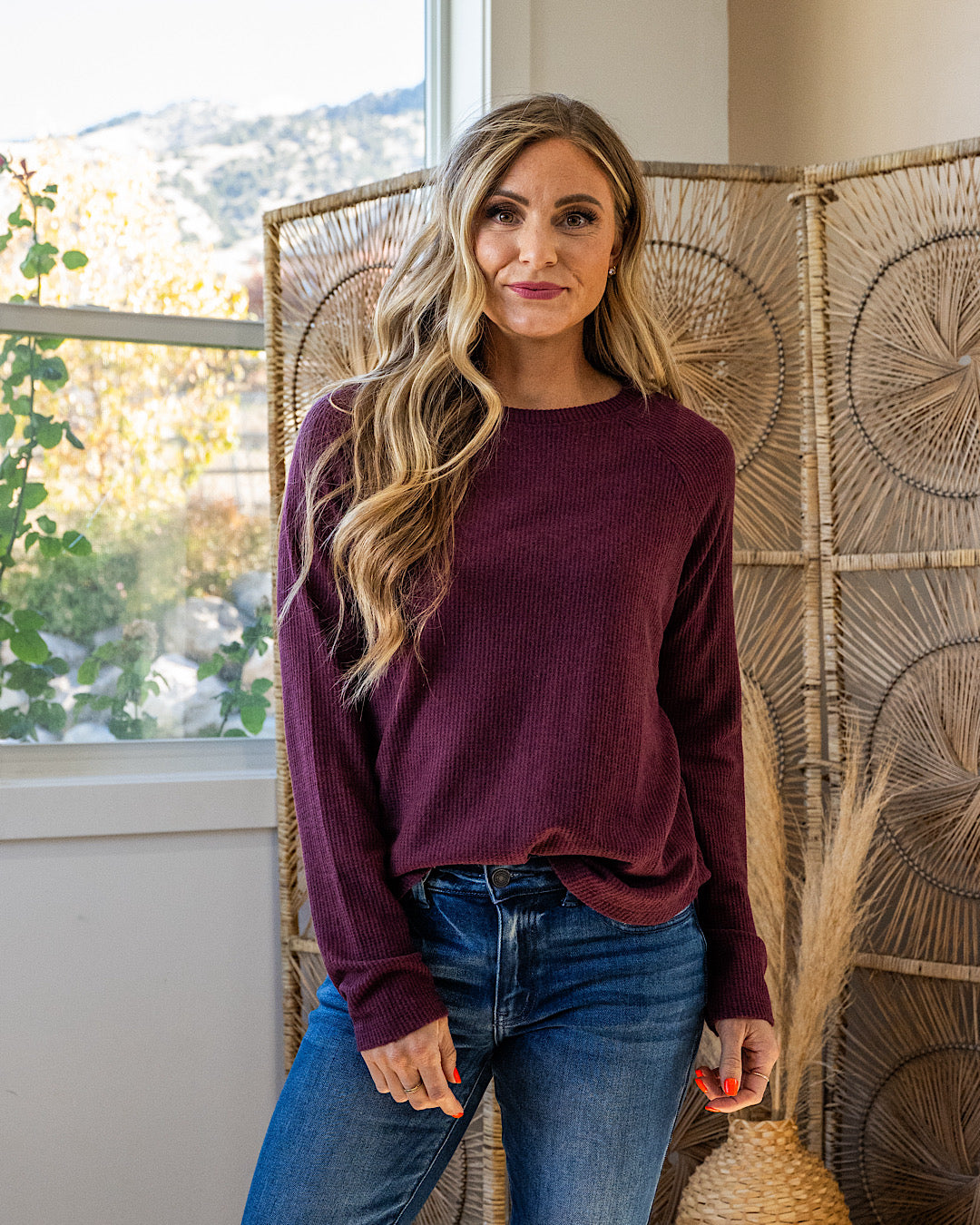 NEW! Julia Waffle Brushed Knit Top - Dark Cherry