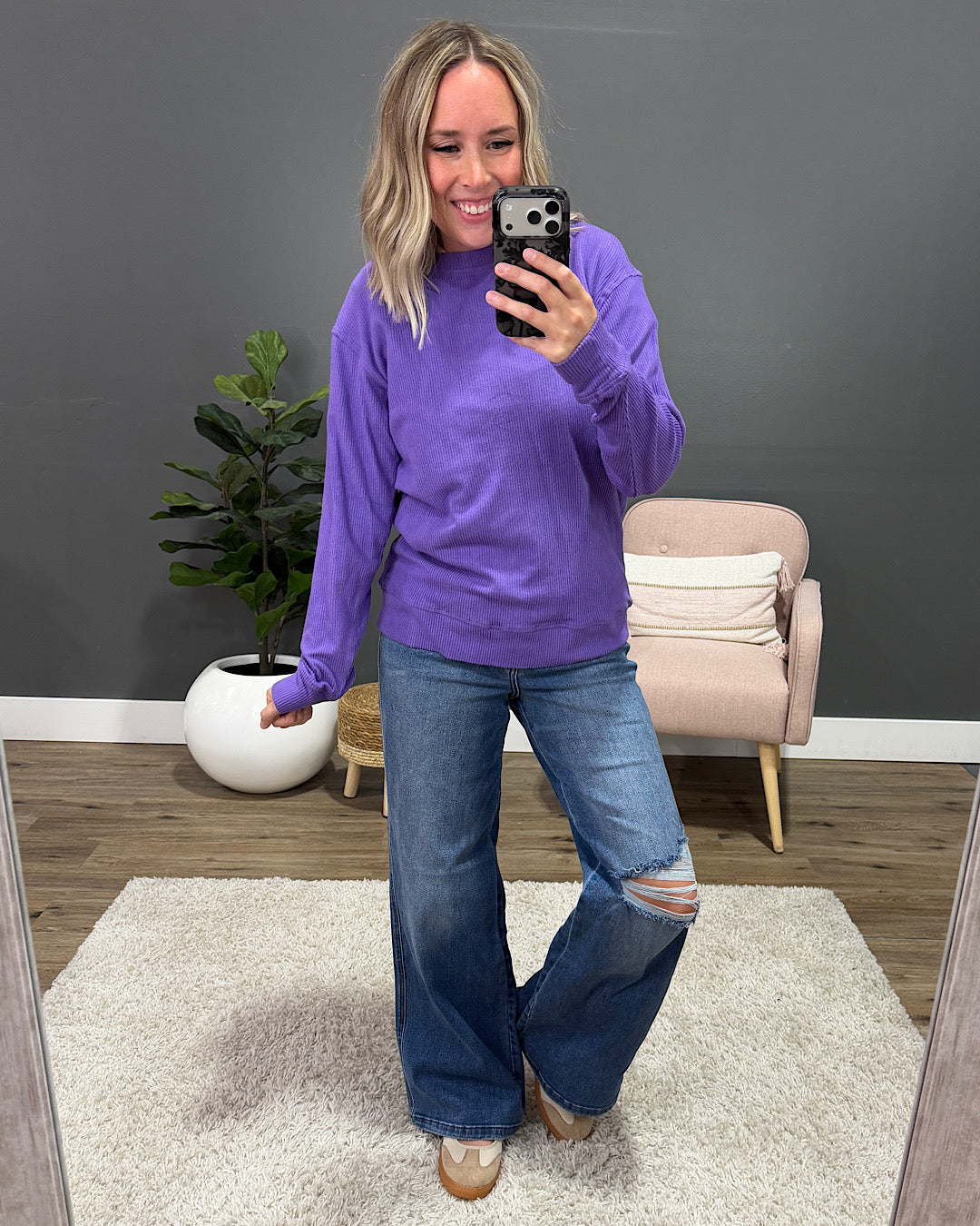 NEW! Mia Ribbed Crewneck Top - Purple