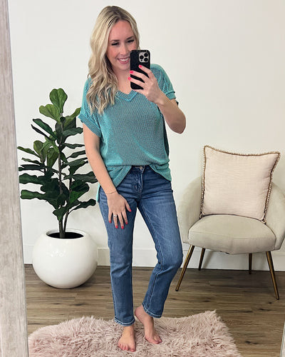 Hendrix Corded V Neck Top - Turquoise  7th Ray   