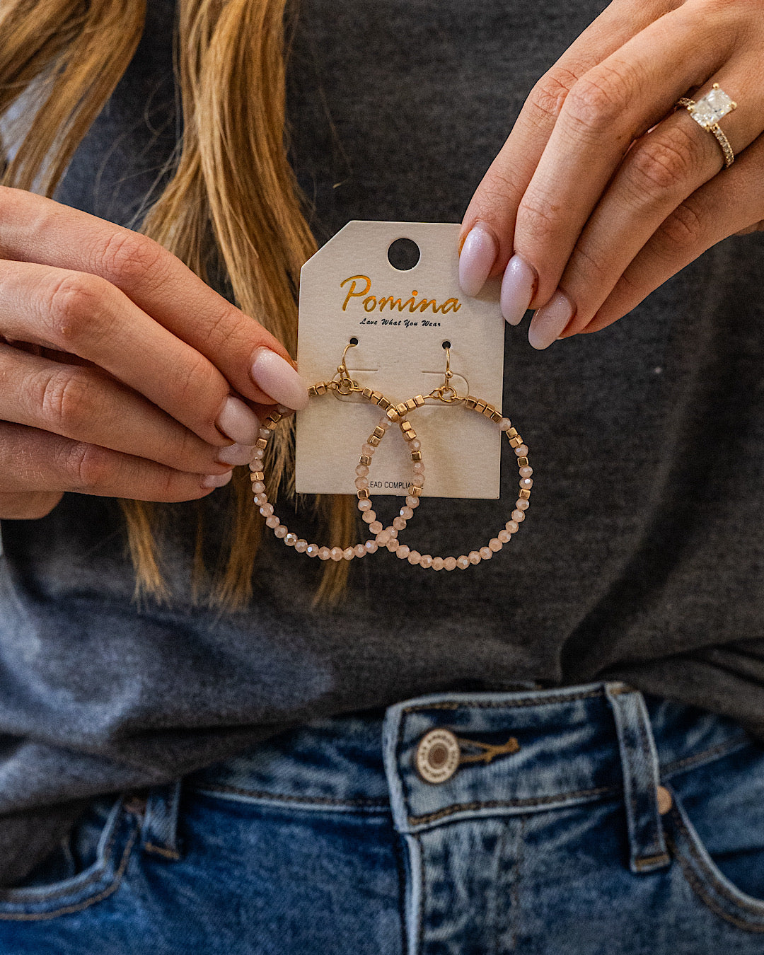 Glass and Metal Beaded Circle Earrings - Gold & Nude Trendy Wholesale