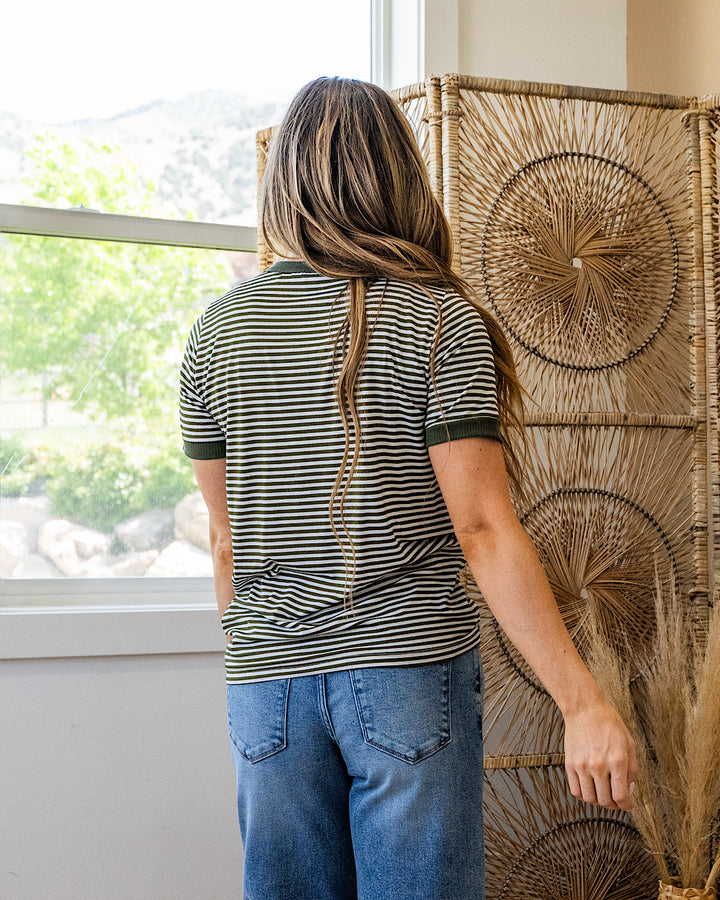 NEW! Meredith Striped Crewneck Top - Olive Staccato
