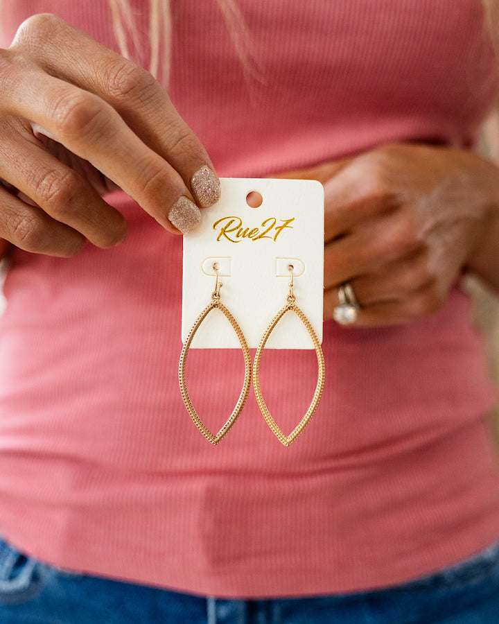 Textured Metal Marquise Shaped Dangle Earrings - Gold Trendy Wholesale