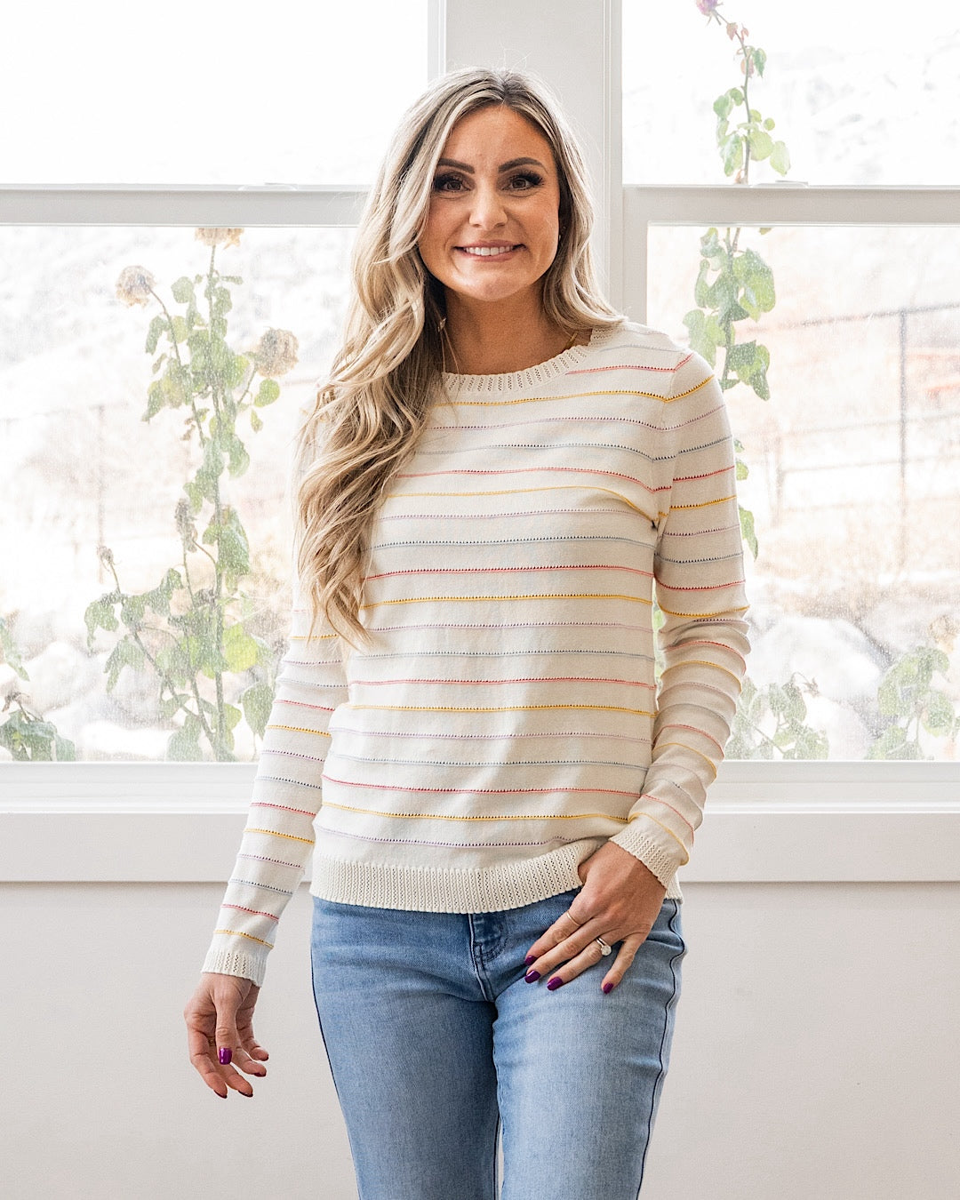 NEW! Angelica Pointelle Stripe Sweater - Cream