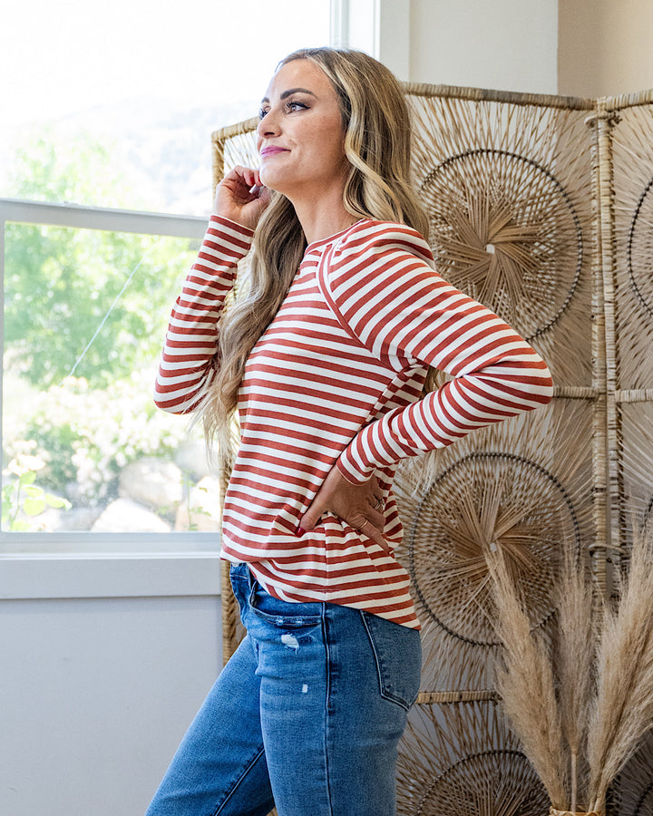 NEW! Alexa Striped Pleated Shoulder Top - Rust Staccato