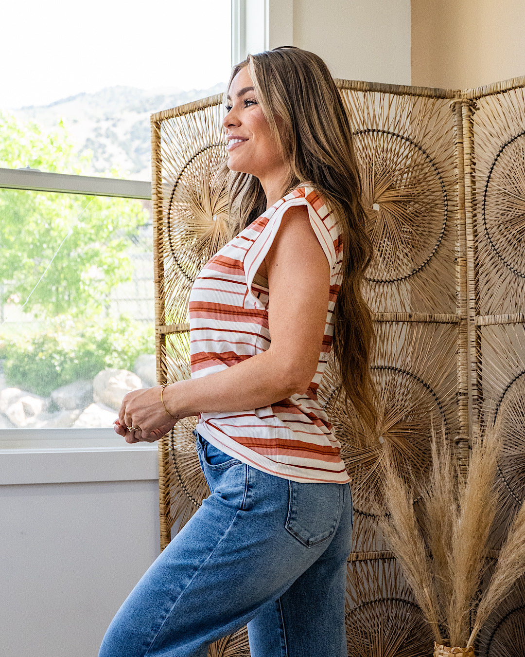 Noelle Striped Ribbed Top - Marsala Staccato