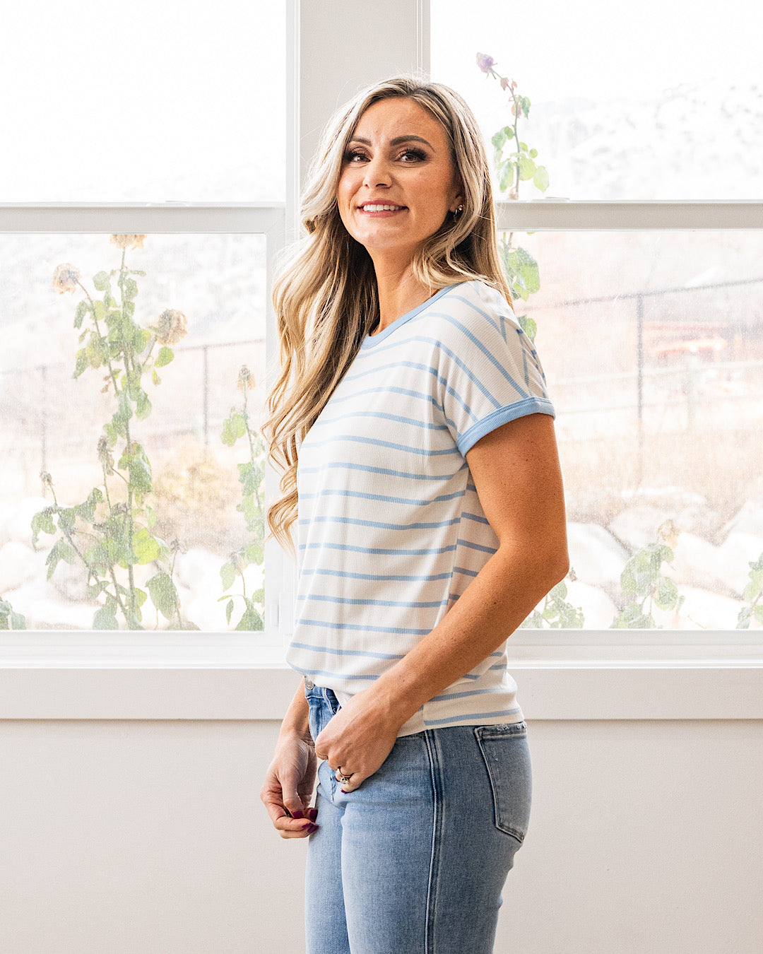 NEW! Juliet Striped Ribbed Top - Ivory & Blue