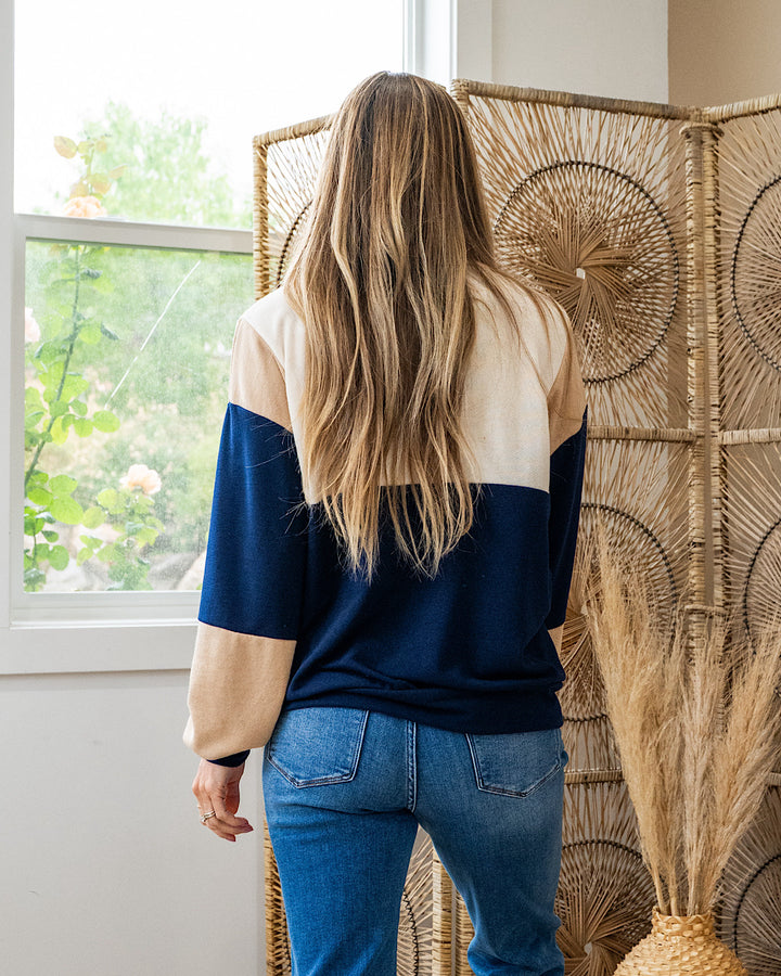 NEW! Izzy Color Block Henley Pullover - Navy, Taupe & Ivory Lovely Melody