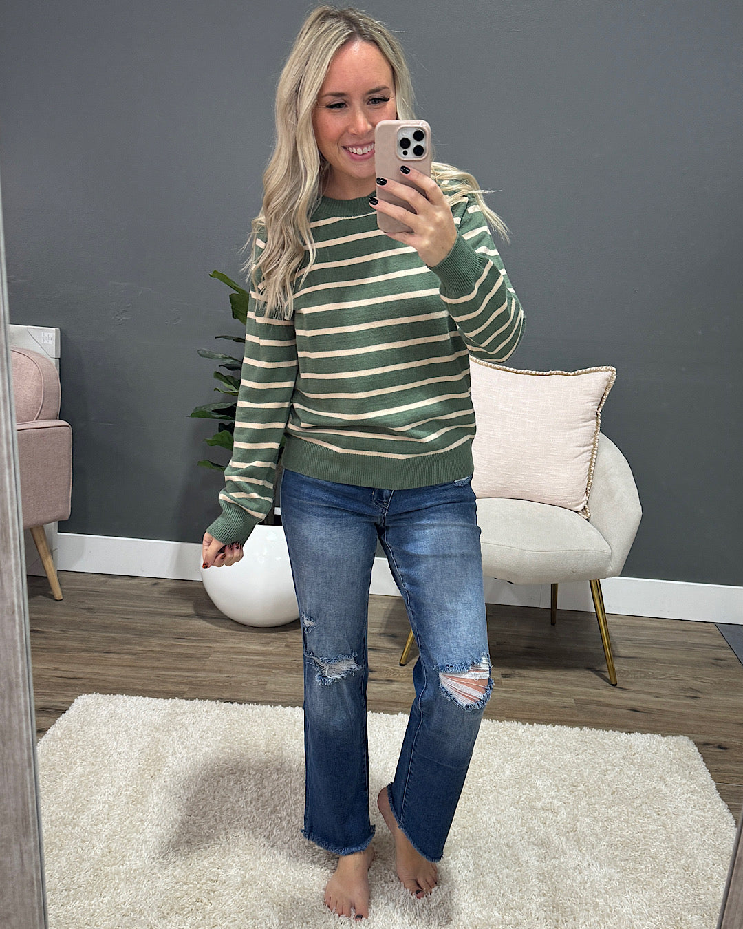 Nova Fine Knit Striped Sweater - Kale  Staccato   