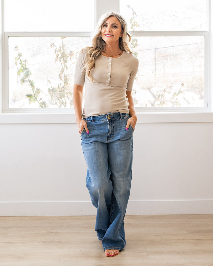 NEW! Emmy Micro Ribbed Henley Top - Taupe Lovely Melody