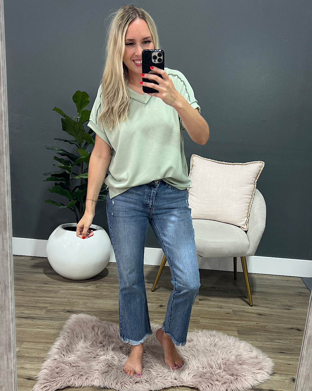 Mandy Corded V Neck Top - Sage FINAL SALE  7th Ray   