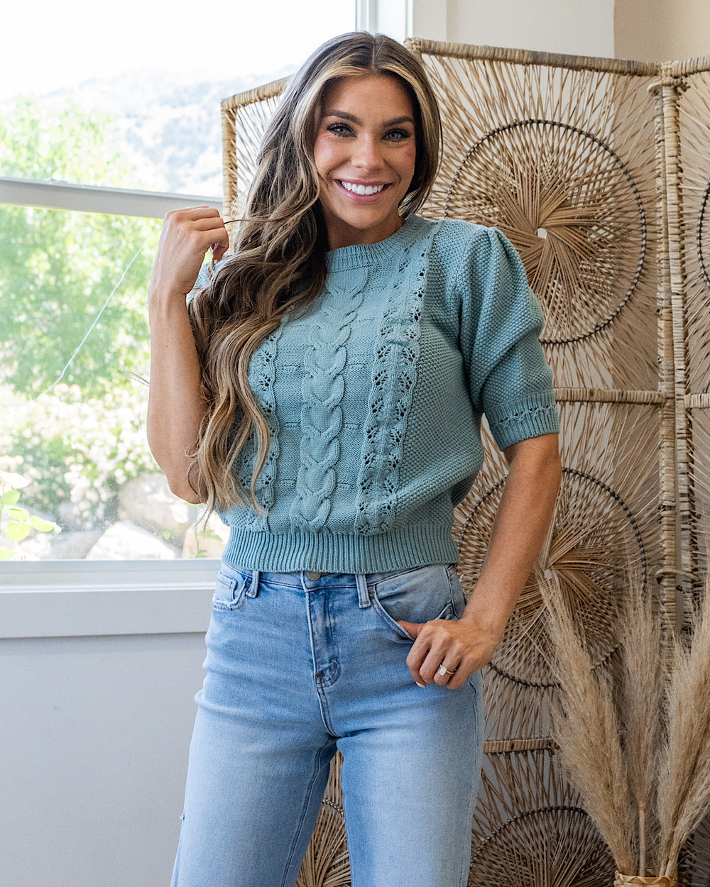 NEW! Ashlynn Chunky Cable Knit Short Sleeve Sweater - Jade Be Cool